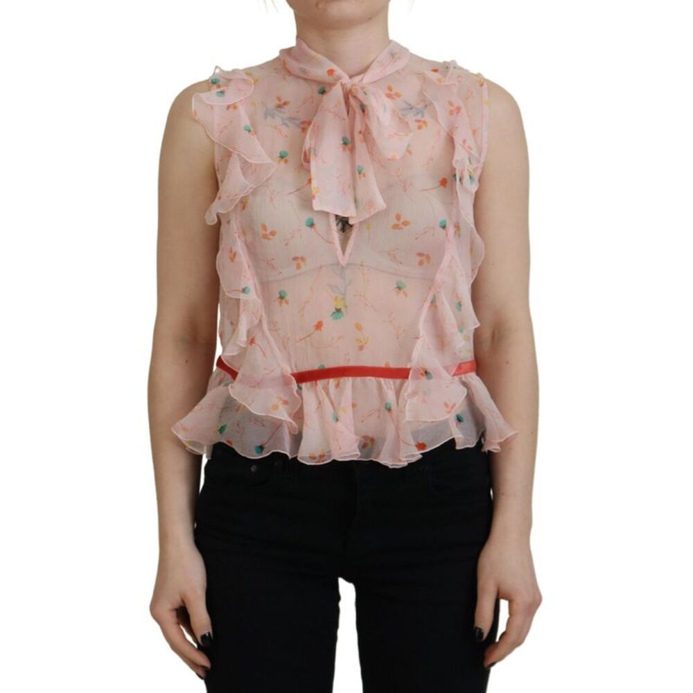 Dsquared² Pink Floral Print Silk Sleeveless Ascot Collar Women's Top